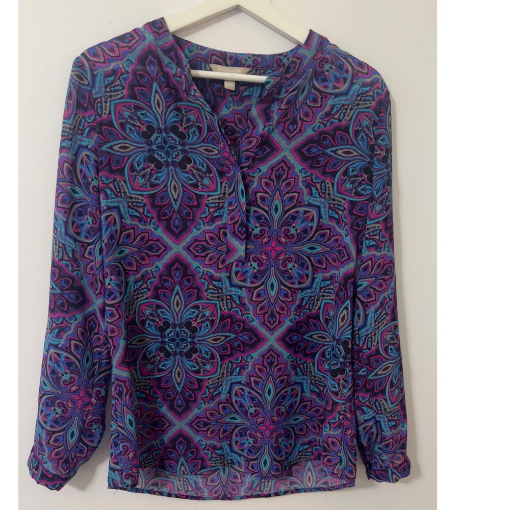 Banana Republic Medallion Print Blouse Womens Small Purple Blue Split Neck Boho